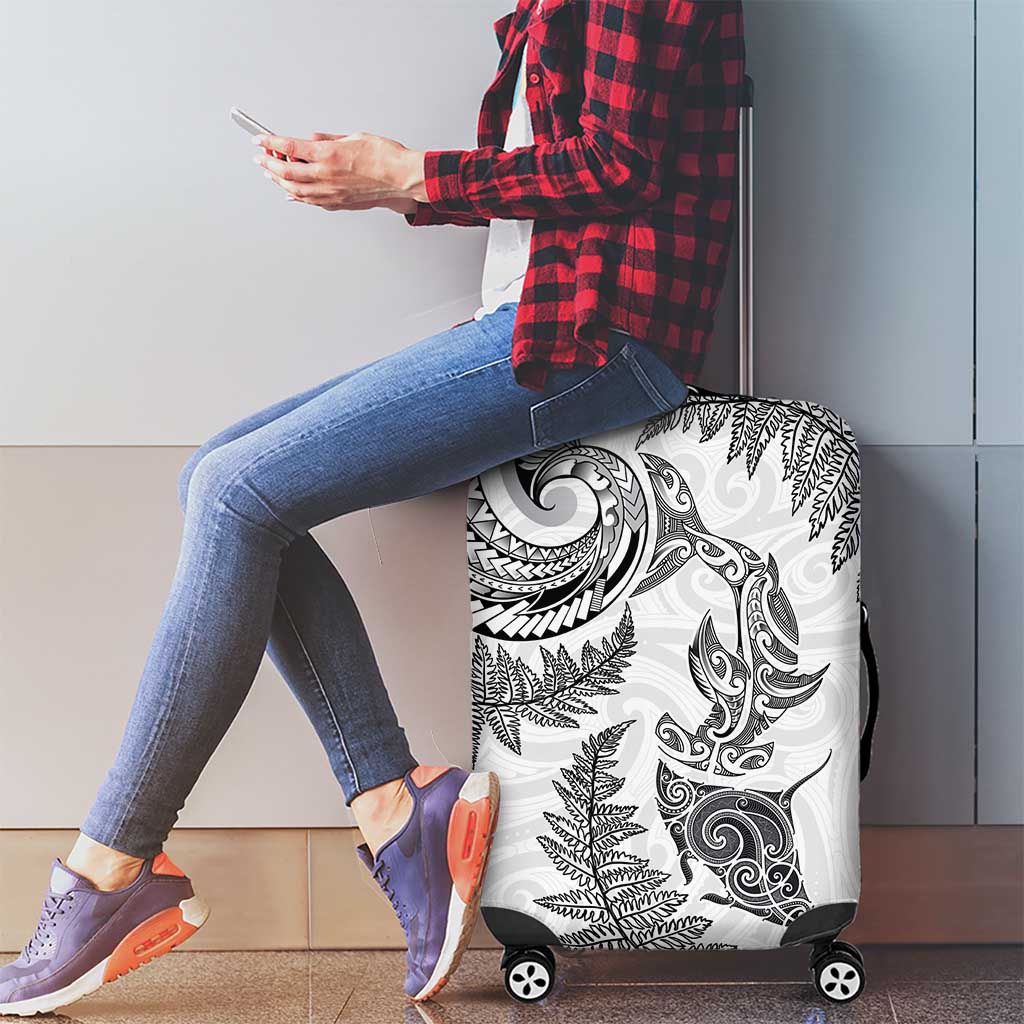 New Zealand Sea Animals with Maori Tribal Tattoo Luggage Cover Shark Manta Ray with Silver Fern White
