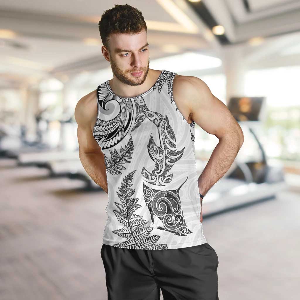 New Zealand Sea Animals with Maori Tribal Tattoo Men Tank Top Shark Manta Ray with Silver Fern White