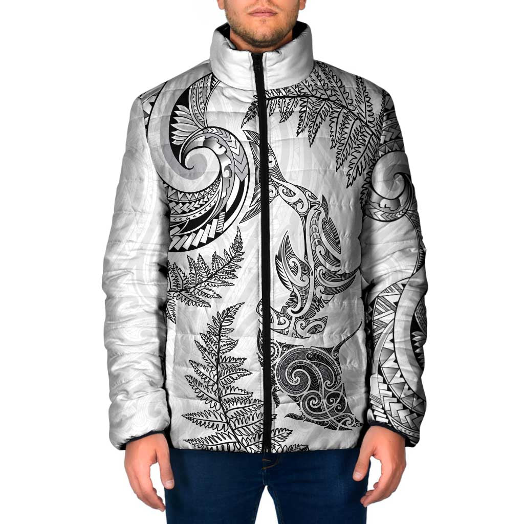 New Zealand Sea Animals with Maori Tribal Tattoo Padded Jacket Shark Manta Ray with Silver Fern White