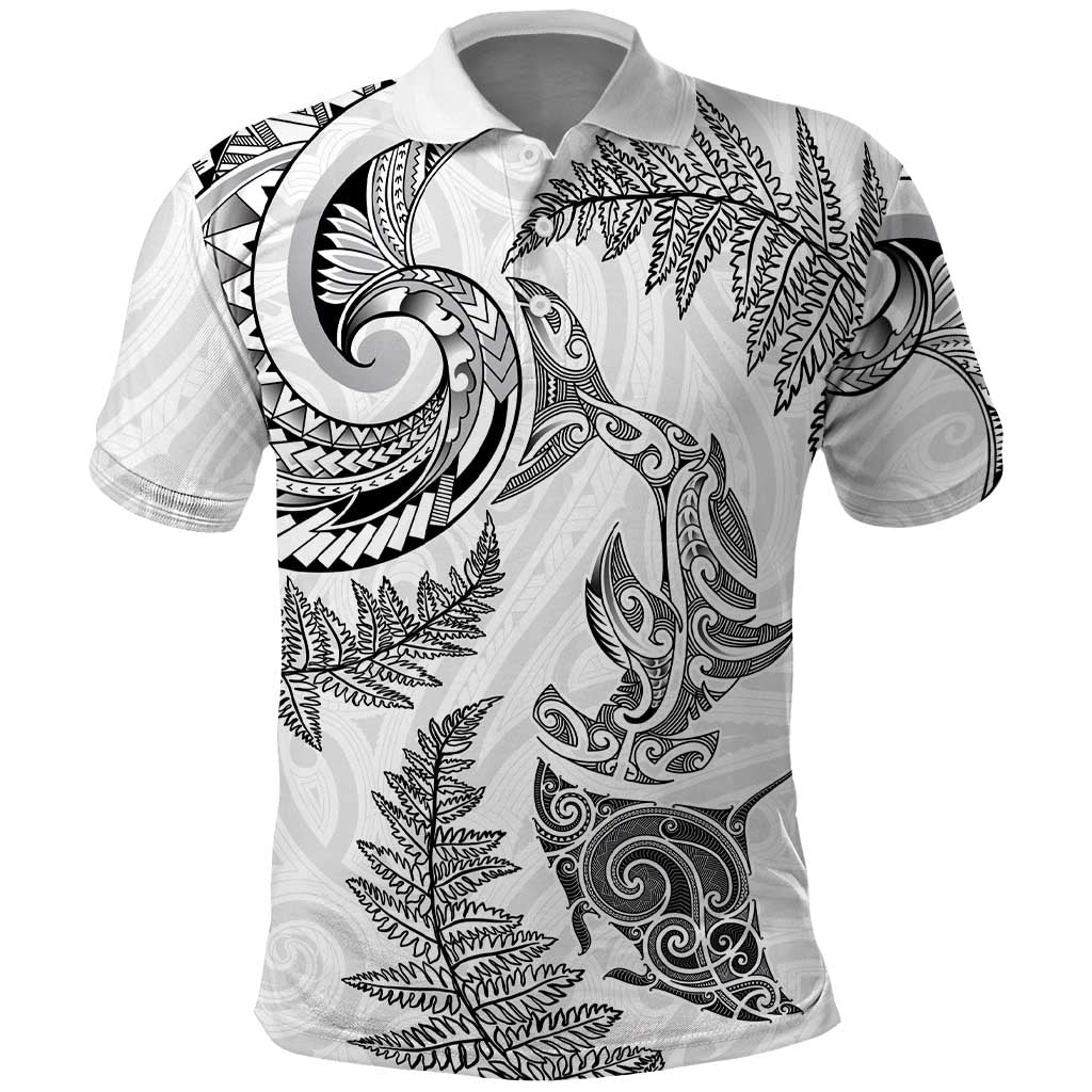 New Zealand Sea Animals with Maori Tribal Tattoo Polo Shirt Shark Manta Ray with Silver Fern White