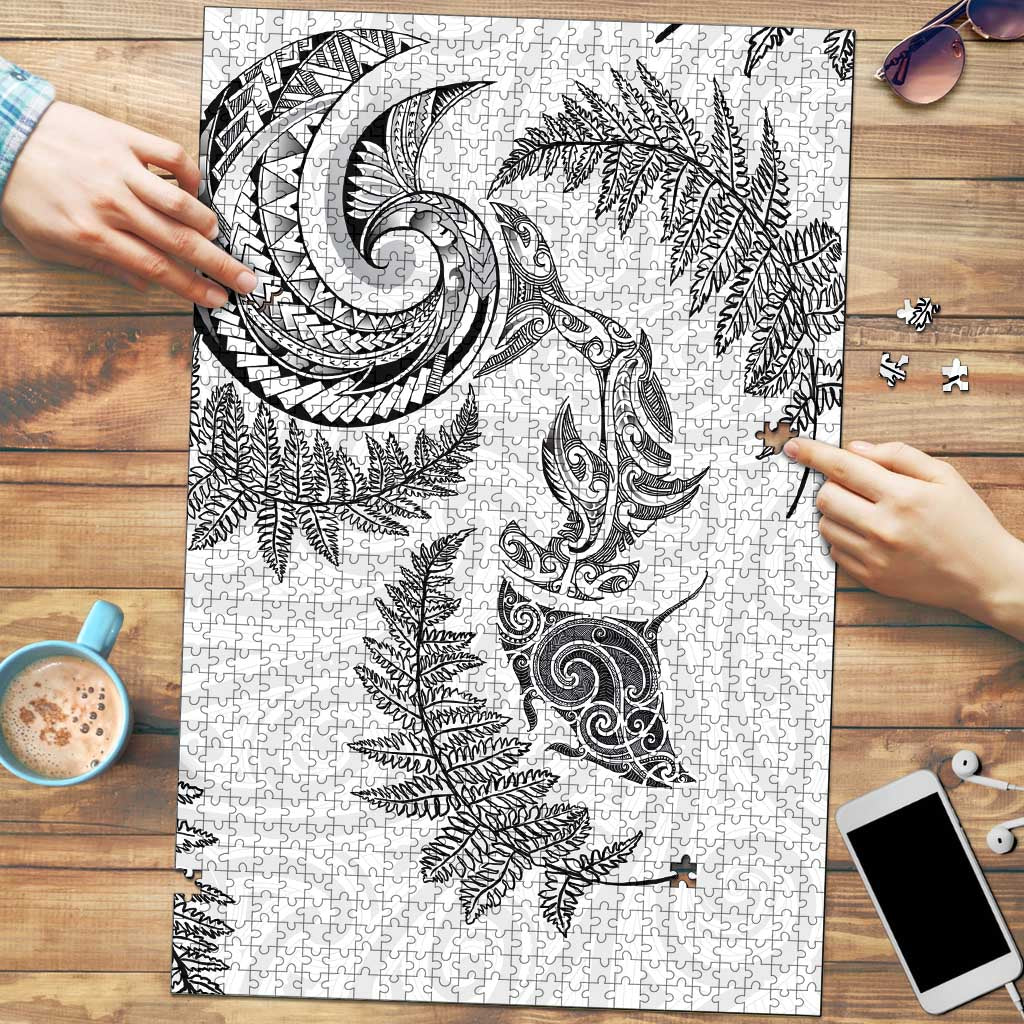 New Zealand Sea Animals with Maori Tribal Tattoo Puzzle Shark Manta Ray with Silver Fern White