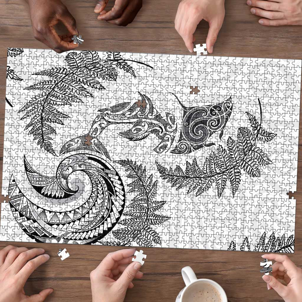 New Zealand Sea Animals with Maori Tribal Tattoo Puzzle Shark Manta Ray with Silver Fern White
