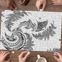 New Zealand Sea Animals with Maori Tribal Tattoo Puzzle Shark Manta Ray with Silver Fern White
