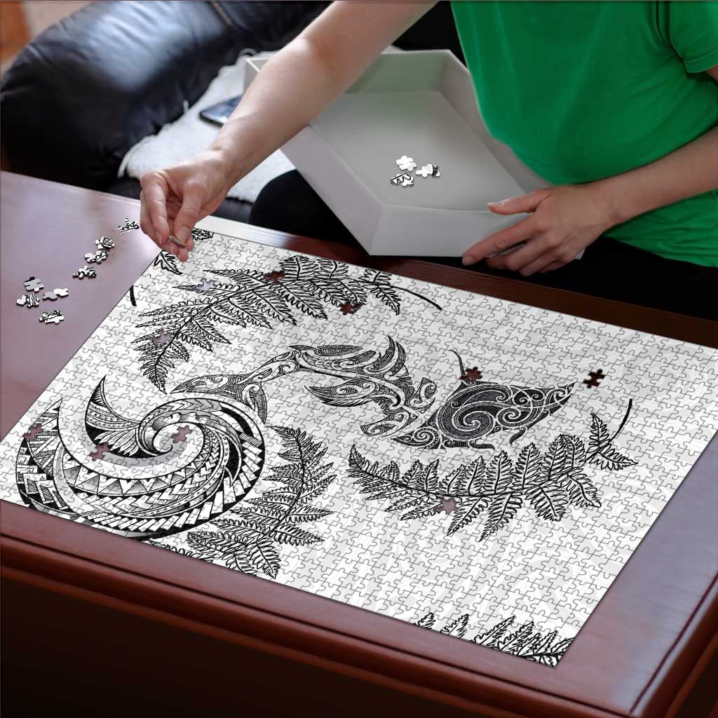 New Zealand Sea Animals with Maori Tribal Tattoo Puzzle Shark Manta Ray with Silver Fern White