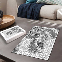 New Zealand Sea Animals with Maori Tribal Tattoo Puzzle Shark Manta Ray with Silver Fern White
