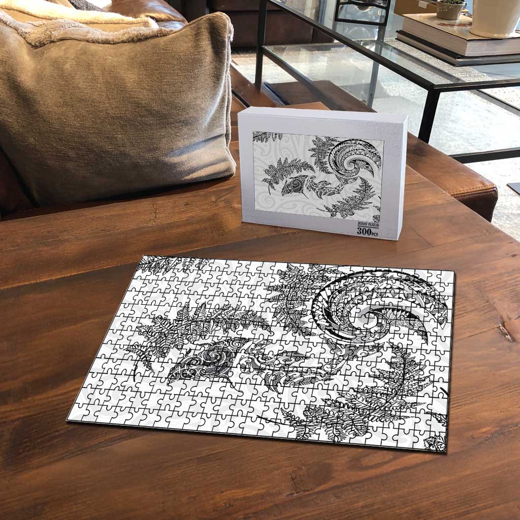 New Zealand Sea Animals with Maori Tribal Tattoo Puzzle Shark Manta Ray with Silver Fern White