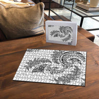 New Zealand Sea Animals with Maori Tribal Tattoo Puzzle Shark Manta Ray with Silver Fern White