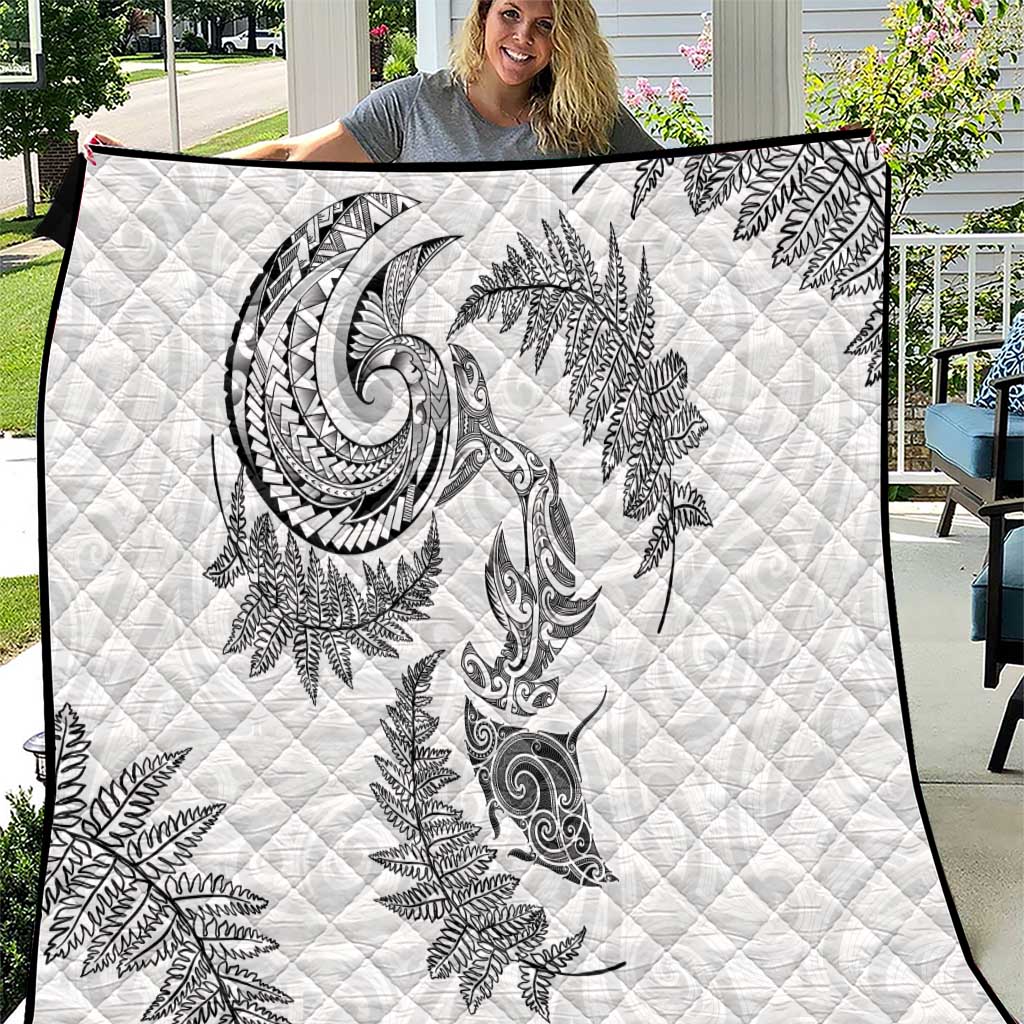 New Zealand Sea Animals with Maori Tribal Tattoo Quilt Shark Manta Ray with Silver Fern White