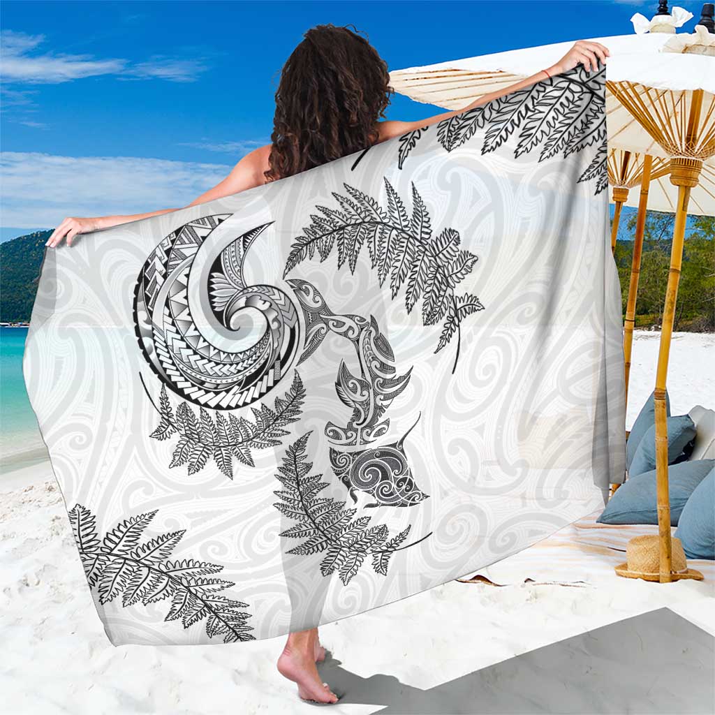 New Zealand Sea Animals with Maori Tribal Tattoo Sarong Shark Manta Ray with Silver Fern White