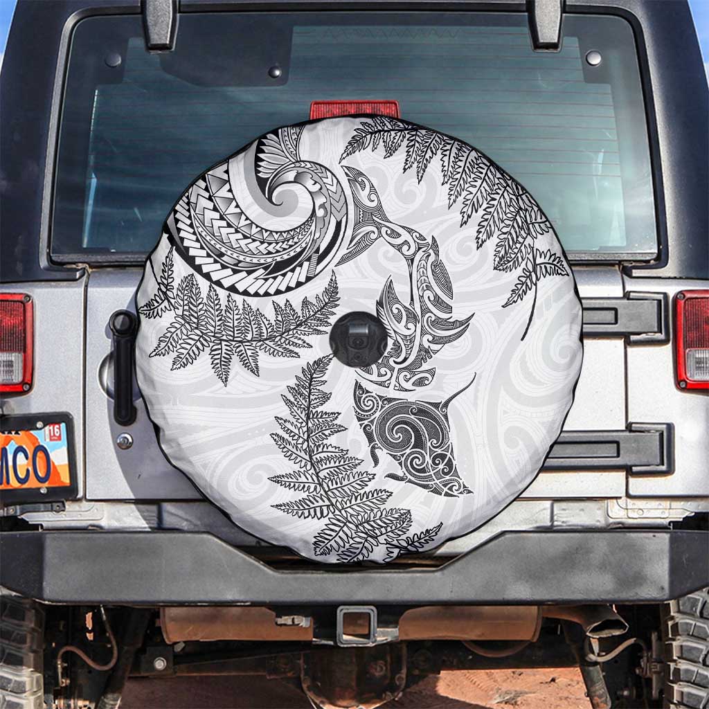 New Zealand Sea Animals with Maori Tribal Tattoo Spare Tire Cover Shark Manta Ray with Silver Fern White