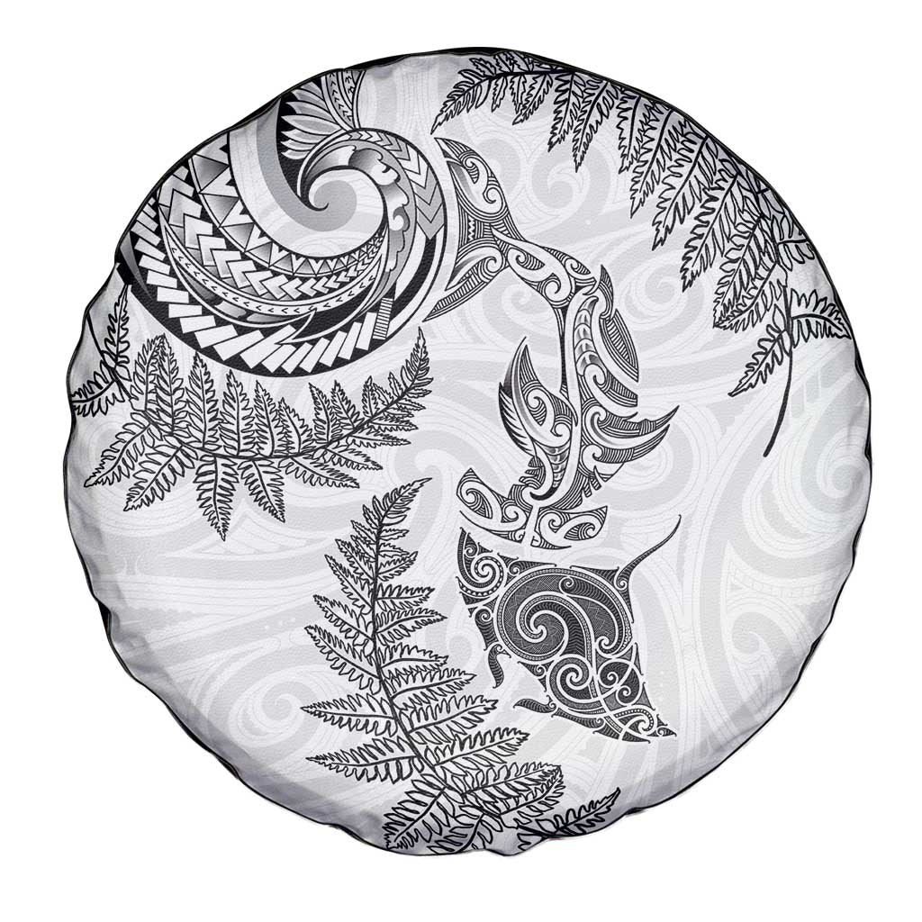 New Zealand Sea Animals with Maori Tribal Tattoo Spare Tire Cover Shark Manta Ray with Silver Fern White