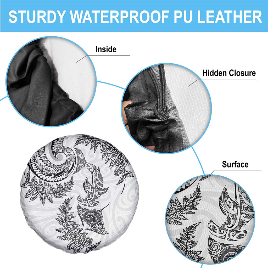 New Zealand Sea Animals with Maori Tribal Tattoo Spare Tire Cover Shark Manta Ray with Silver Fern White
