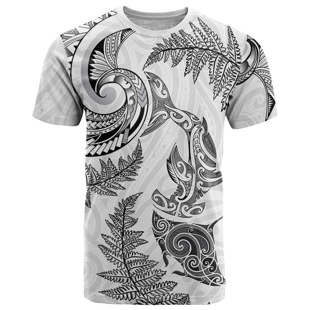 New Zealand Sea Animals with Maori Tribal Tattoo T Shirt Shark Manta Ray with Silver Fern White