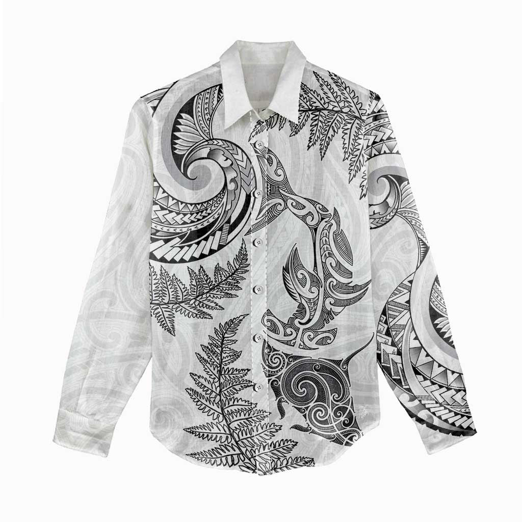 New Zealand Sea Animals with Maori Tribal Tattoo Women Casual Shirt Shark Manta Ray with Silver Fern White