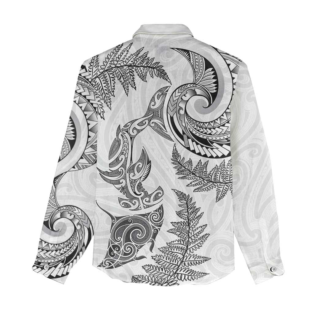 New Zealand Sea Animals with Maori Tribal Tattoo Women Casual Shirt Shark Manta Ray with Silver Fern White