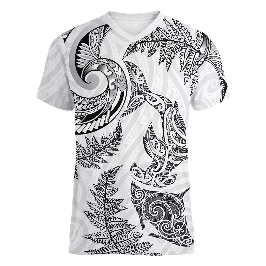 New Zealand Sea Animals with Maori Tribal Tattoo Women V-Neck T-Shirt Shark Manta Ray with Silver Fern White