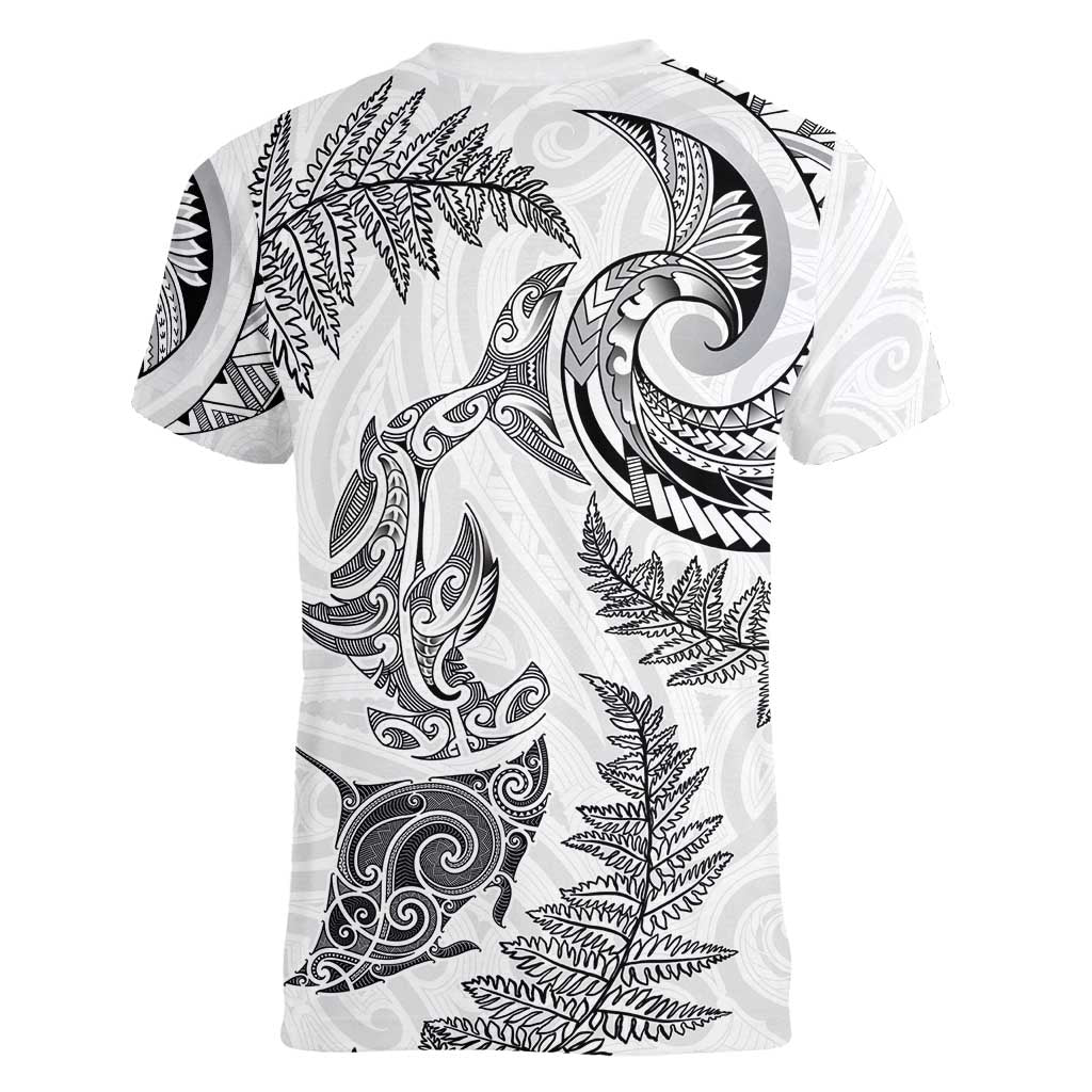 New Zealand Sea Animals with Maori Tribal Tattoo Women V-Neck T-Shirt Shark Manta Ray with Silver Fern White