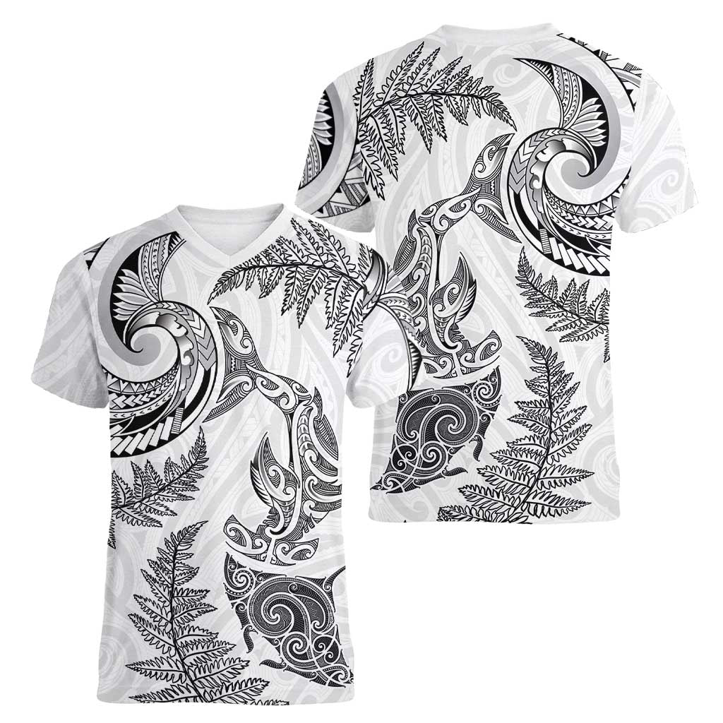 New Zealand Sea Animals with Maori Tribal Tattoo Women V-Neck T-Shirt Shark Manta Ray with Silver Fern White