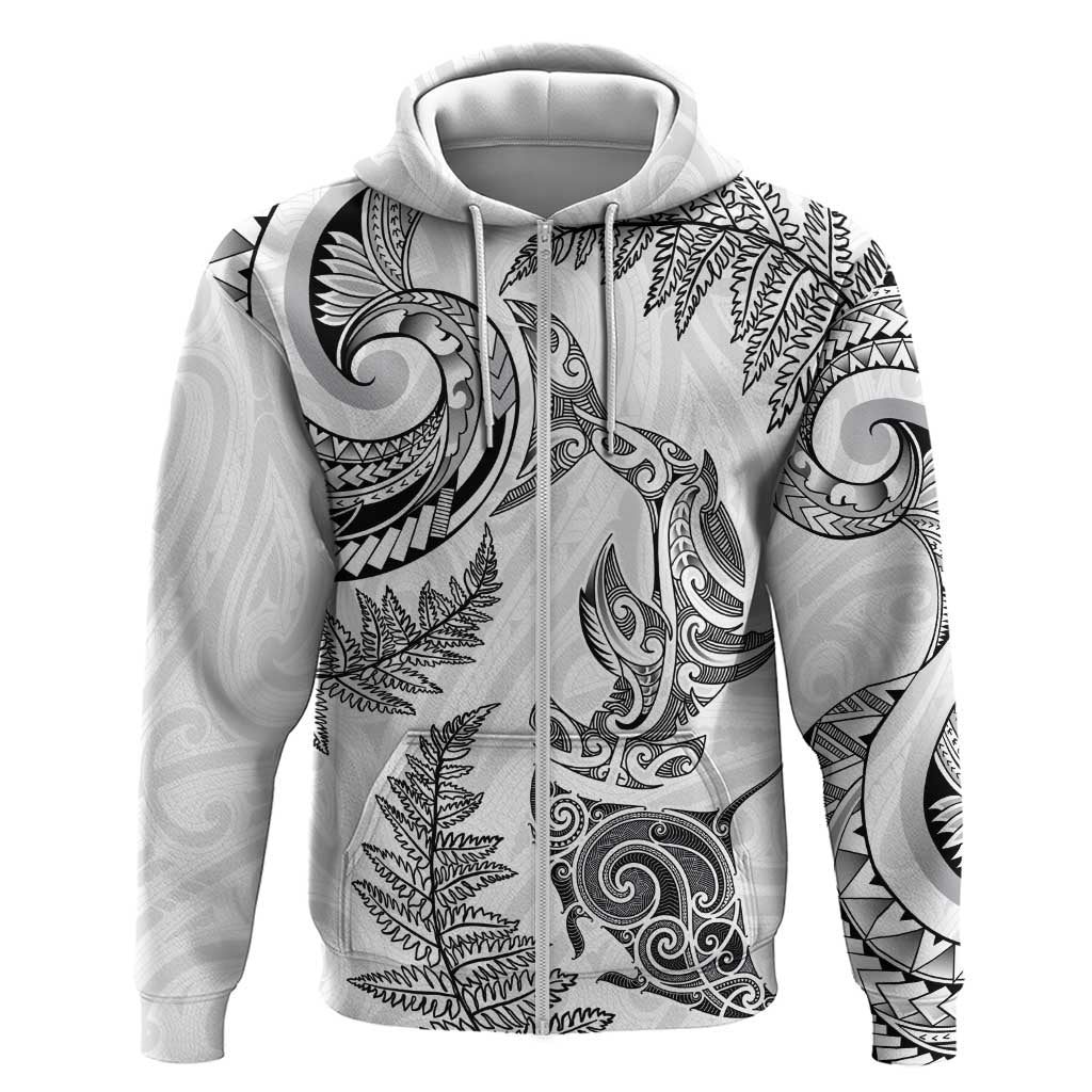 New Zealand Sea Animals with Maori Tribal Tattoo Zip Hoodie Shark Manta Ray with Silver Fern White
