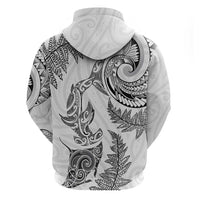 New Zealand Sea Animals with Maori Tribal Tattoo Zip Hoodie Shark Manta Ray with Silver Fern White