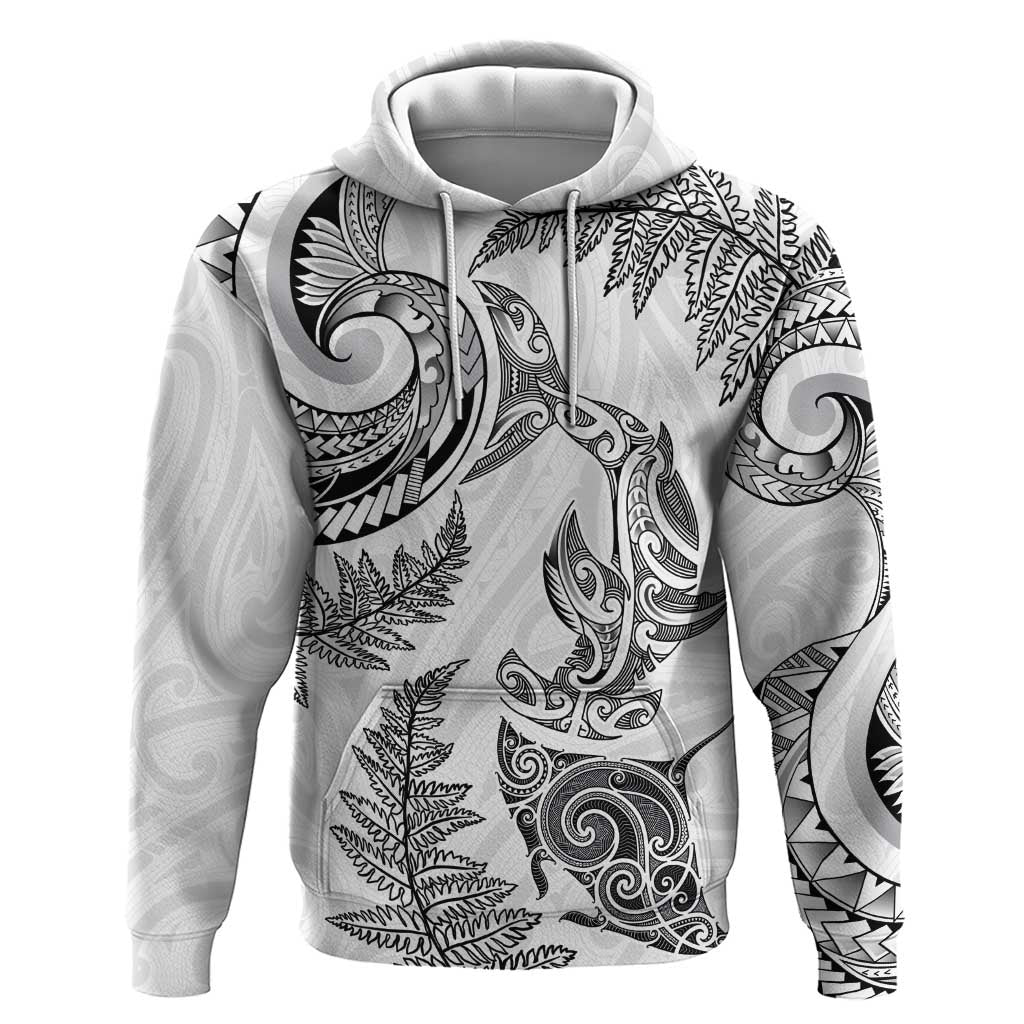 New Zealand Sea Animals with Maori Tribal Tattoo Zip Hoodie Shark Manta Ray with Silver Fern White