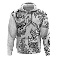 New Zealand Sea Animals with Maori Tribal Tattoo Zip Hoodie Shark Manta Ray with Silver Fern White