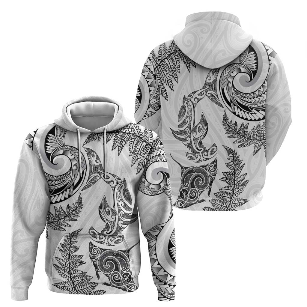 New Zealand Sea Animals with Maori Tribal Tattoo Zip Hoodie Shark Manta Ray with Silver Fern White