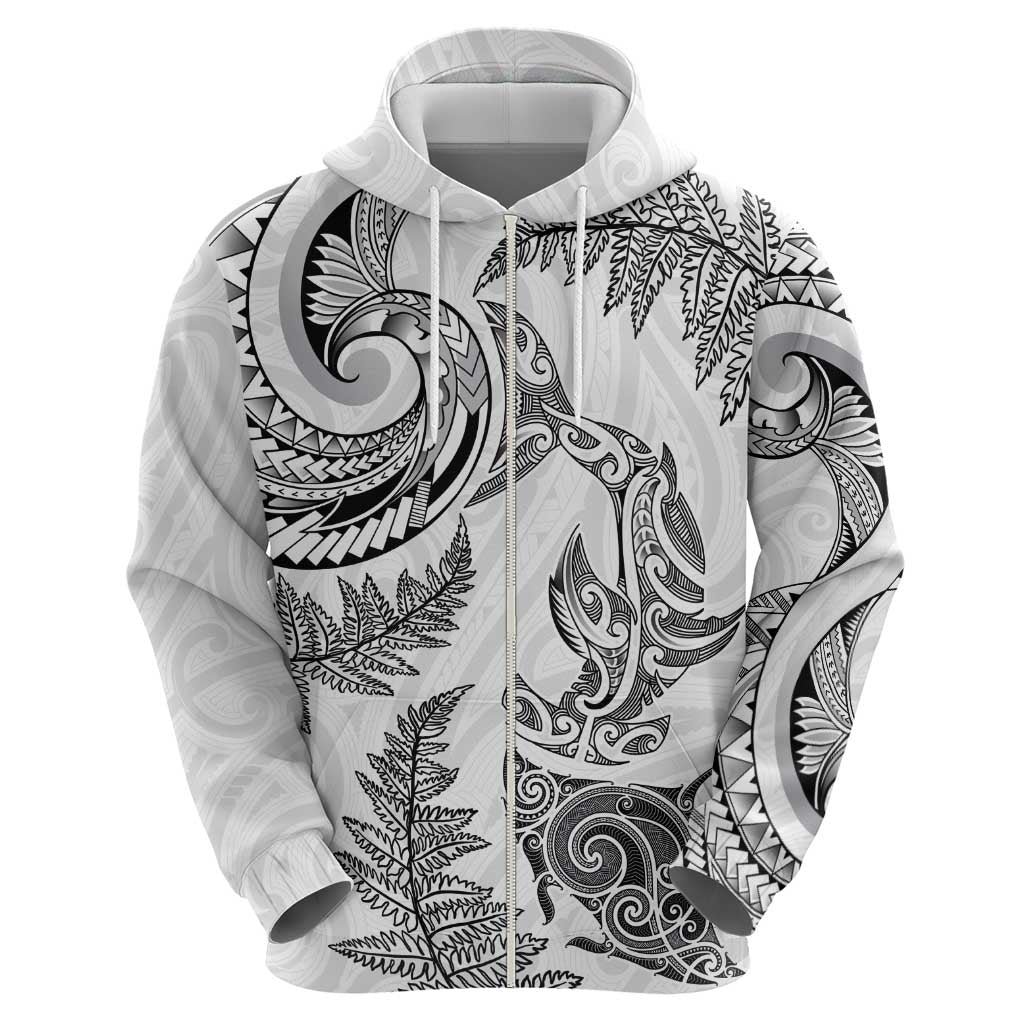 New Zealand Sea Animals with Maori Tribal Tattoo Zip Hoodie Shark Manta Ray with Silver Fern White