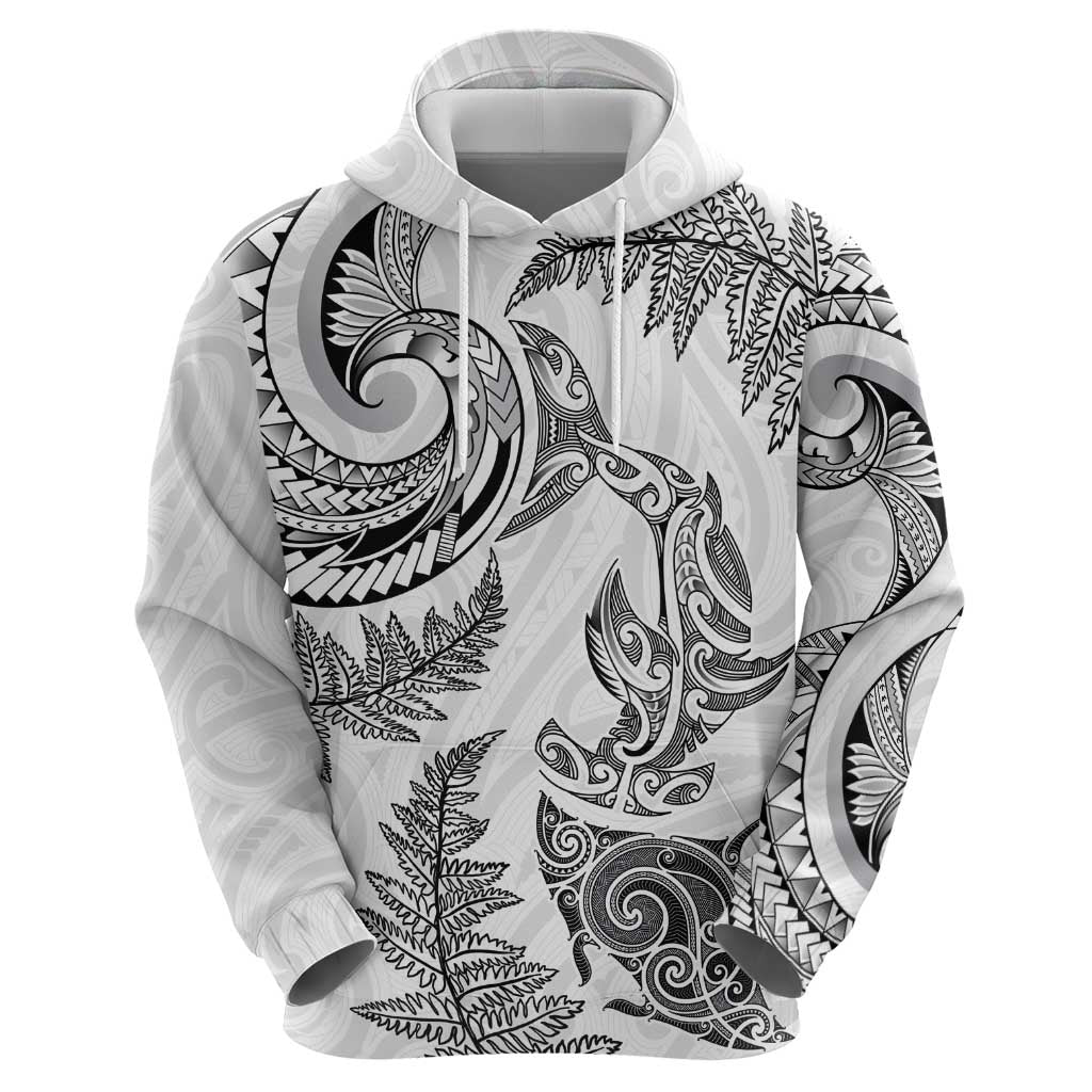New Zealand Sea Animals with Maori Tribal Tattoo Zip Hoodie Shark Manta Ray with Silver Fern White