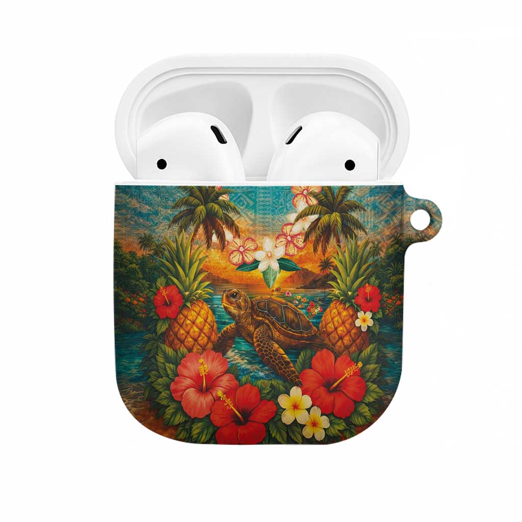 Hawaiian Turtles on Beach AirPods Case with Pineapple Tropical Plant and Lei