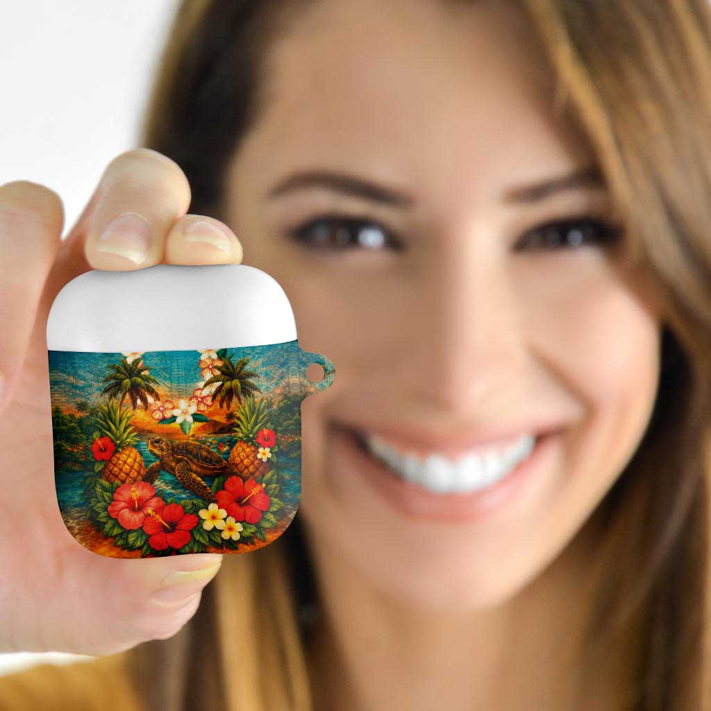 Hawaiian Turtles on Beach AirPods Case with Pineapple Tropical Plant and Lei