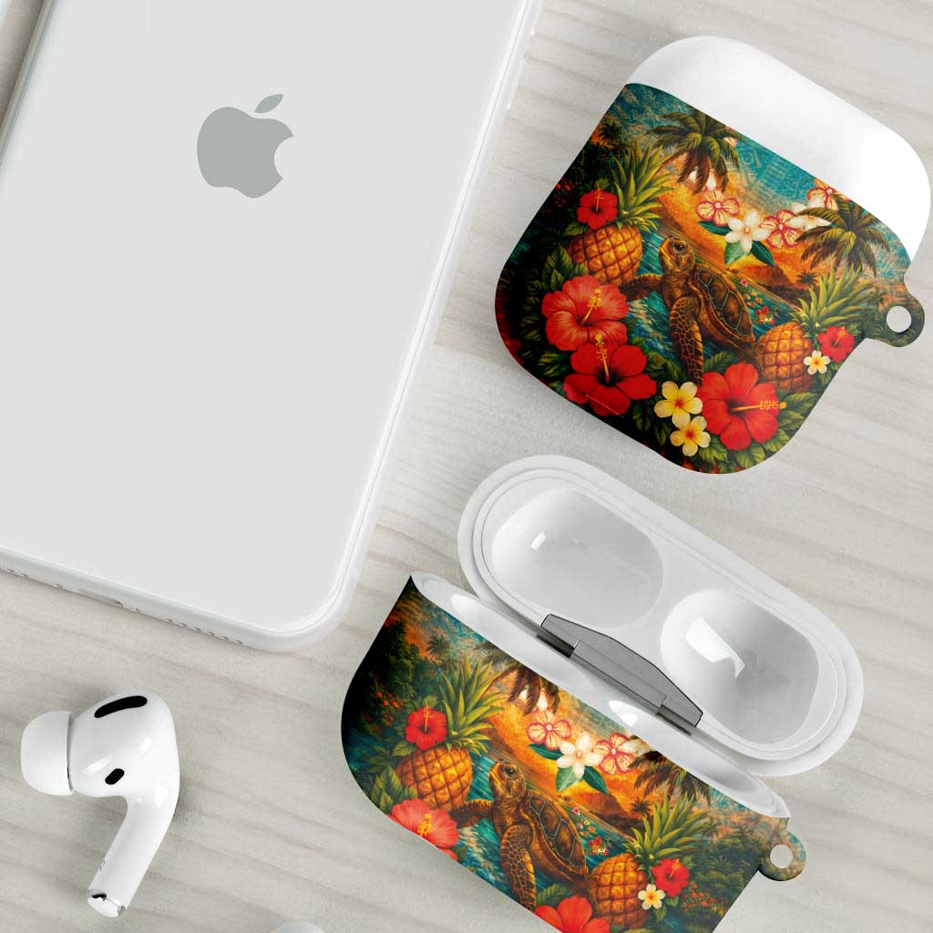 Hawaiian Turtles on Beach AirPods Case with Pineapple Tropical Plant and Lei