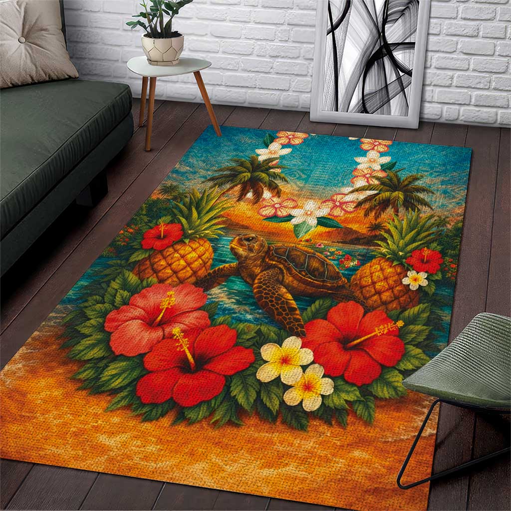Hawaiian Turtles on Beach Area Rug with Pineapple Tropical Plant and Lei LT03 Multicolor - Polynesian Pride