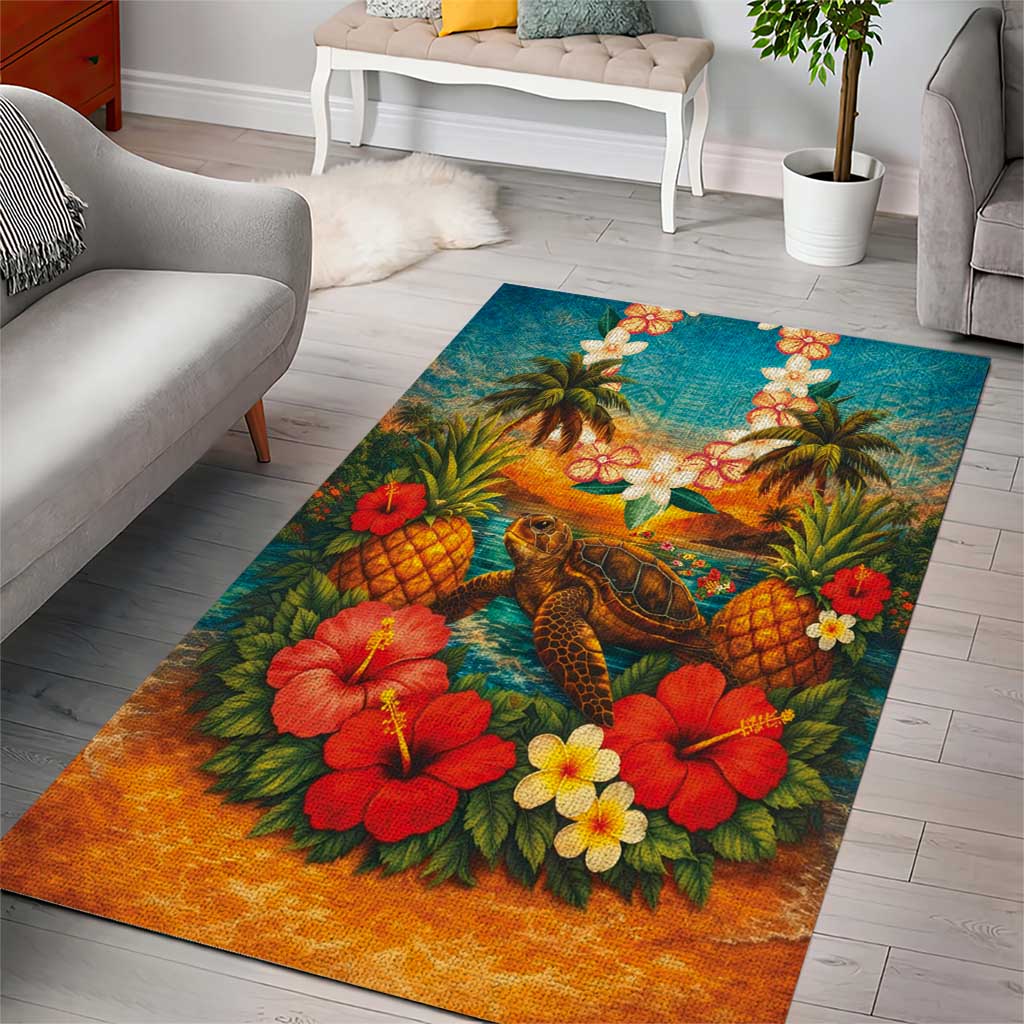 Hawaiian Turtles on Beach Area Rug with Pineapple Tropical Plant and Lei LT03 - Polynesian Pride
