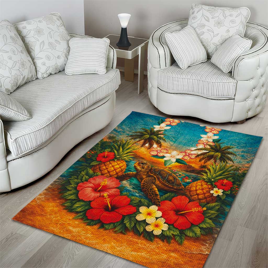 Hawaiian Turtles on Beach Area Rug with Pineapple Tropical Plant and Lei LT03 - Polynesian Pride