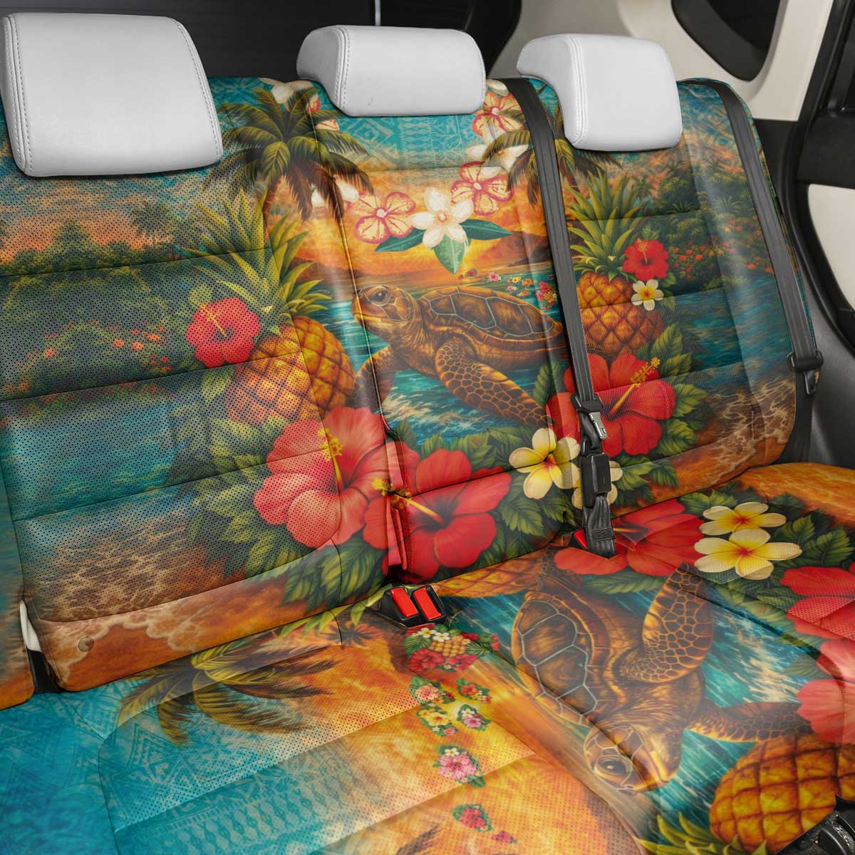 Hawaiian Turtles on Beach Back Car Seat Cover with Pineapple Tropical Plant and Lei LT03 - Polynesian Pride
