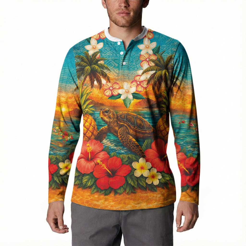 Hawaiian Turtles on Beach Button Sweatshirt with Pineapple Tropical Plant and Lei LT03 - Polynesian Pride