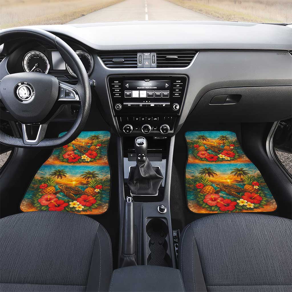 Hawaiian Turtles on Beach Car Mats with Pineapple Tropical Plant and Lei