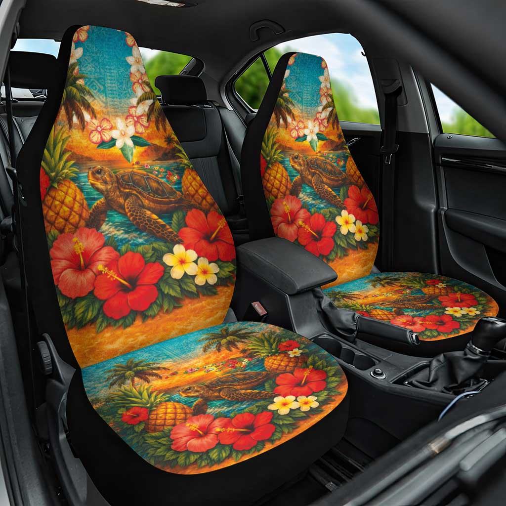 Hawaiian Turtles on Beach Car Seat Cover with Pineapple Tropical Plant and Lei
