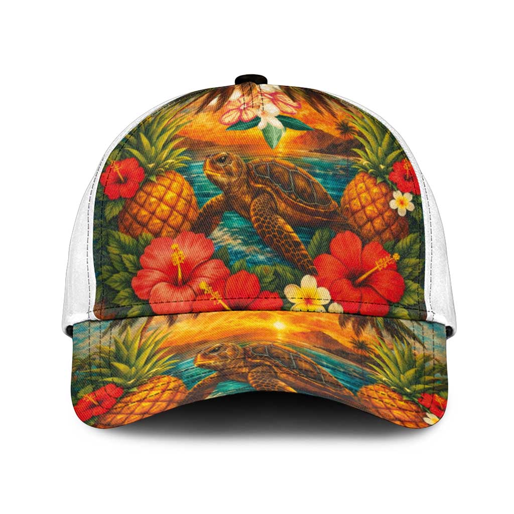 Hawaiian Turtles on Beach Classic Cap with Pineapple Tropical Plant and Lei