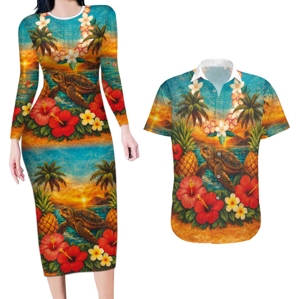Hawaiian Turtles on Beach Couples Matching Long Sleeve Bodycon Dress and Hawaiian Shirt with Pineapple Tropical Plant and Lei