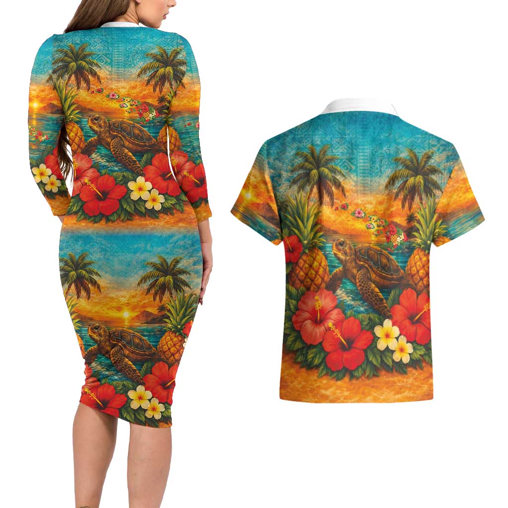 Hawaiian Turtles on Beach Couples Matching Long Sleeve Bodycon Dress and Hawaiian Shirt with Pineapple Tropical Plant and Lei