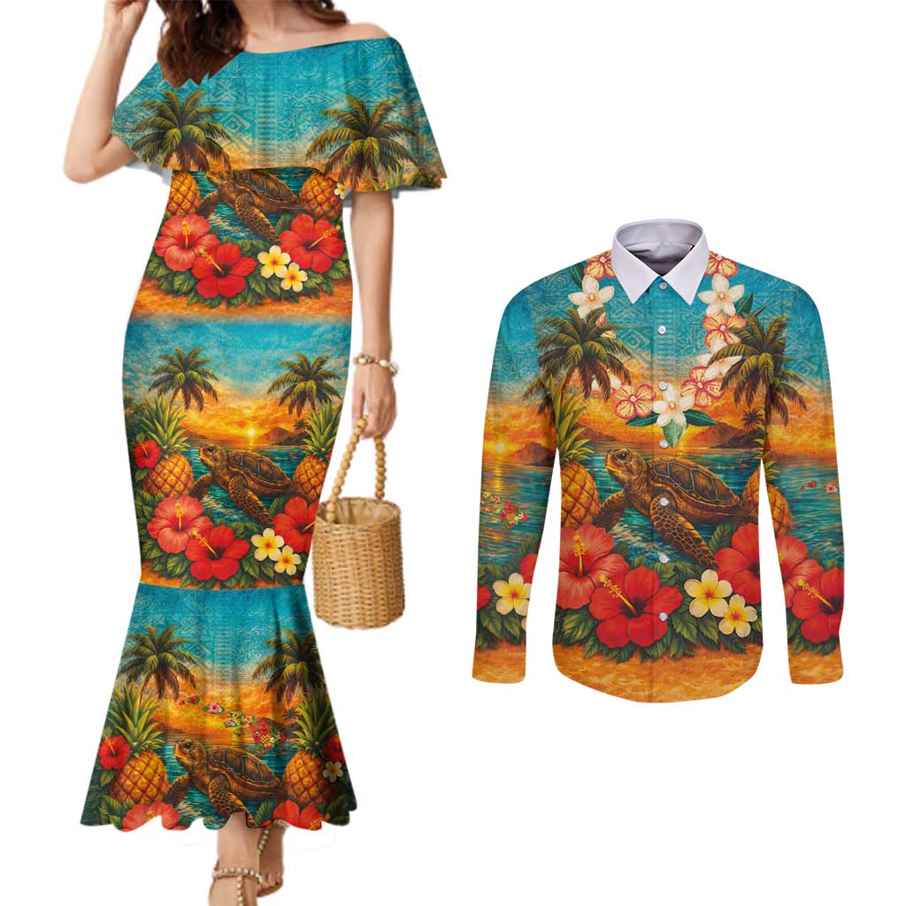 Hawaiian Turtles on Beach Couples Matching Mermaid Dress and Long Sleeve Button Shirt with Pineapple Tropical Plant and Lei LT03 Multicolor - Polynesian Pride