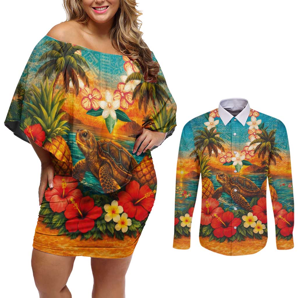 Hawaiian Turtles on Beach Couples Matching Off Shoulder Short Dress and Long Sleeve Button Shirt with Pineapple Tropical Plant and Lei LT03 Multicolor - Polynesian Pride