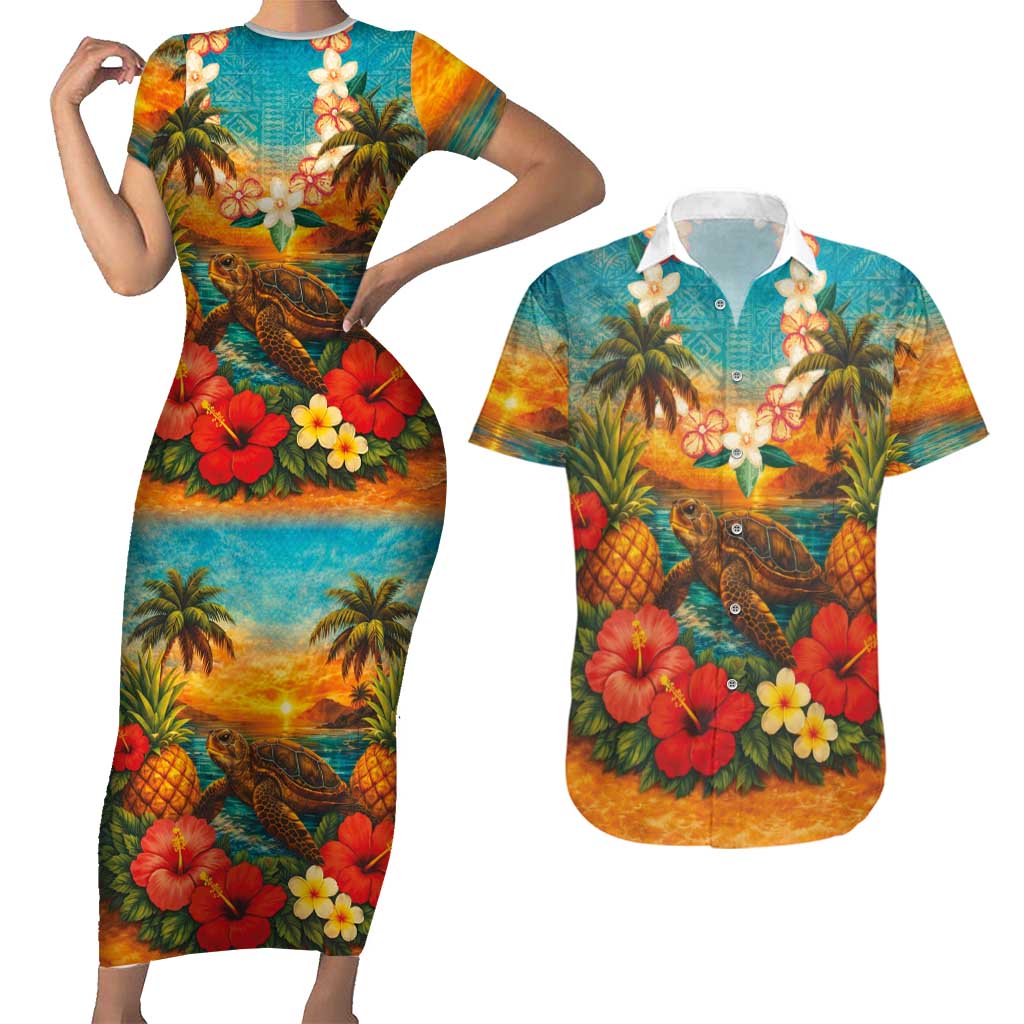 Hawaiian Turtles on Beach Couples Matching Short Sleeve Bodycon Dress and Hawaiian Shirt with Pineapple Tropical Plant and Lei