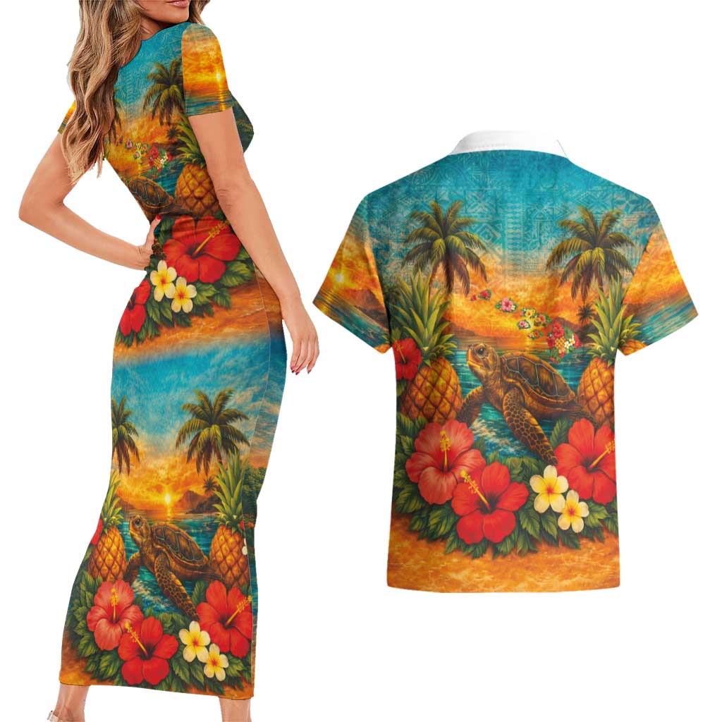 Hawaiian Turtles on Beach Couples Matching Short Sleeve Bodycon Dress and Hawaiian Shirt with Pineapple Tropical Plant and Lei