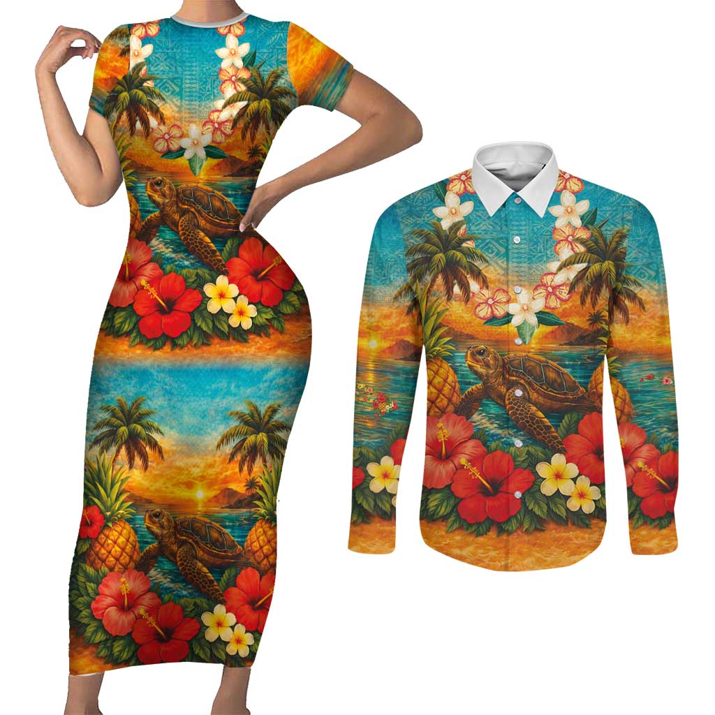 Hawaiian Turtles on Beach Couples Matching Short Sleeve Bodycon Dress and Long Sleeve Button Shirt with Pineapple Tropical Plant and Lei LT03 Multicolor - Polynesian Pride