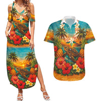 Hawaiian Turtles on Beach Couples Matching Summer Maxi Dress and Hawaiian Shirt with Pineapple Tropical Plant and Lei