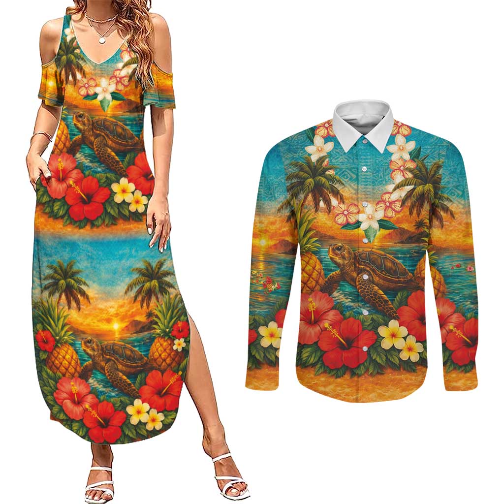 Hawaiian Turtles on Beach Couples Matching Summer Maxi Dress and Long Sleeve Button Shirt with Pineapple Tropical Plant and Lei LT03 Multicolor - Polynesian Pride