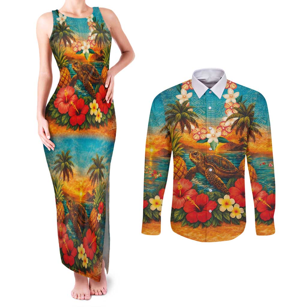 Hawaiian Turtles on Beach Couples Matching Tank Maxi Dress and Long Sleeve Button Shirt with Pineapple Tropical Plant and Lei LT03 Multicolor - Polynesian Pride